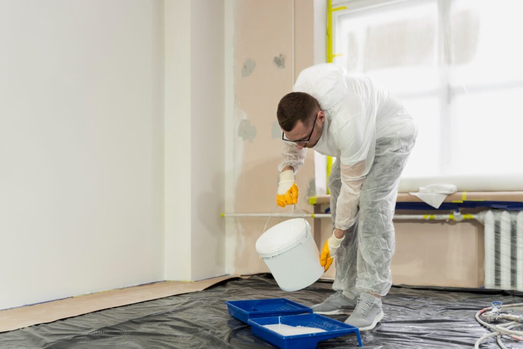 Painter preparing paint in an interior with floors and windows protected
