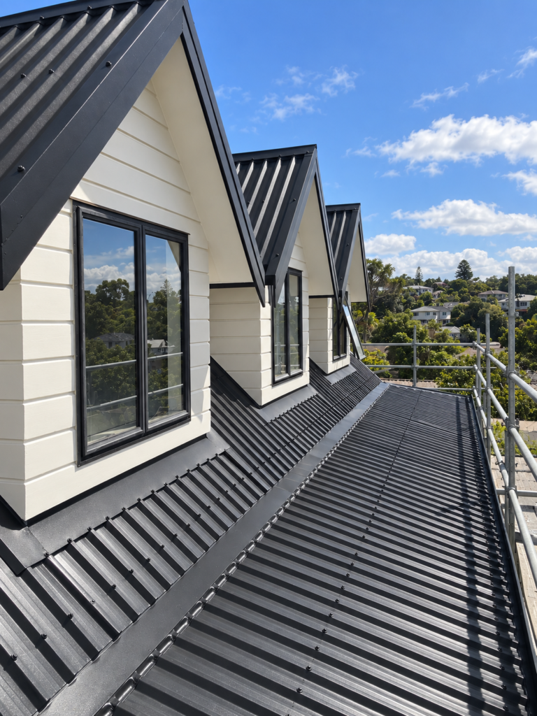 Graphite metal roofing beside white weatherboard gables