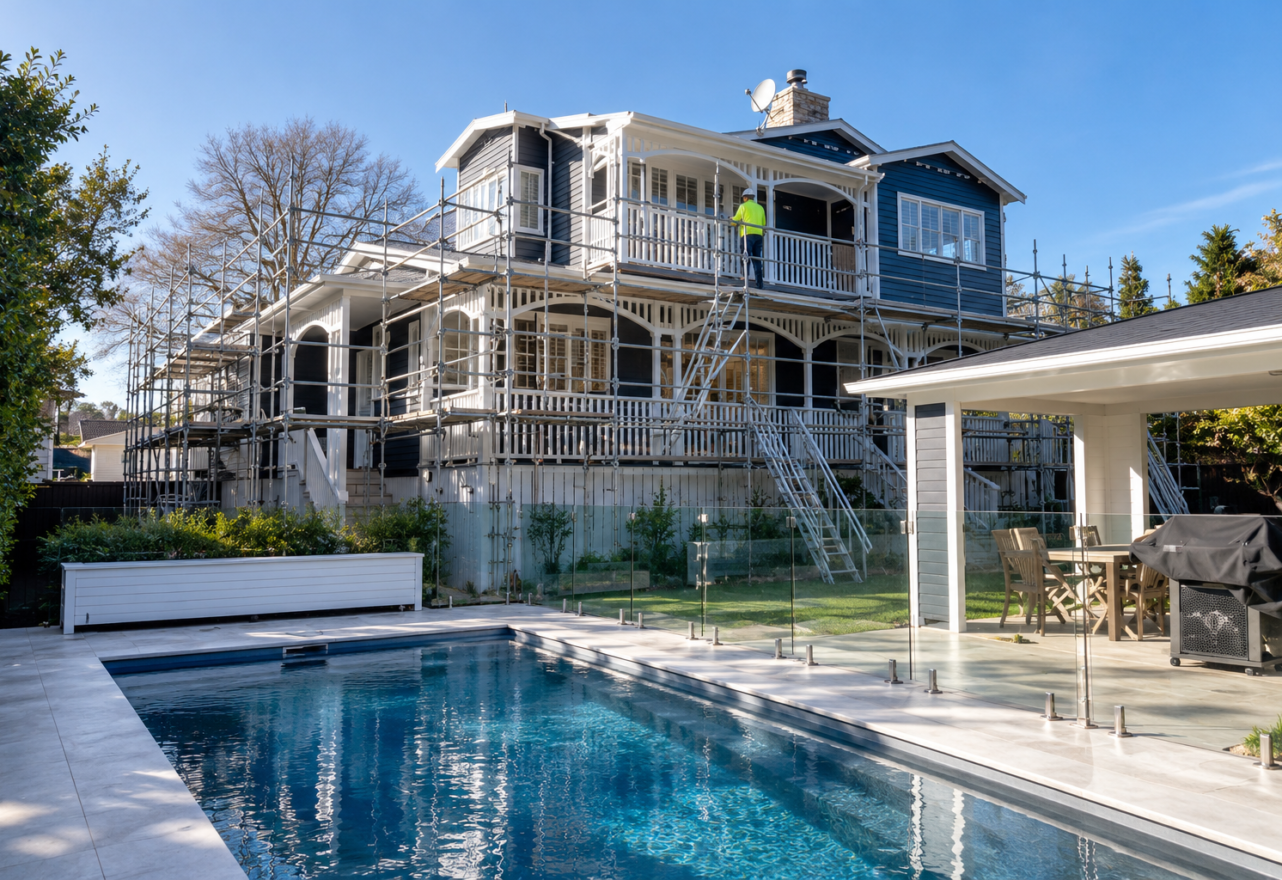 Backyard Renovation with Pool and Scaffolding