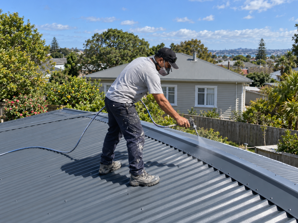 Painter applying a coating to graphite corrugated metal roofing