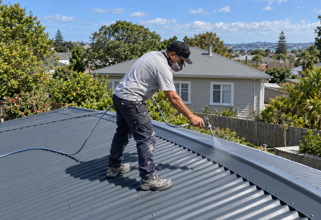 Candid roofer painting a graphite roof
