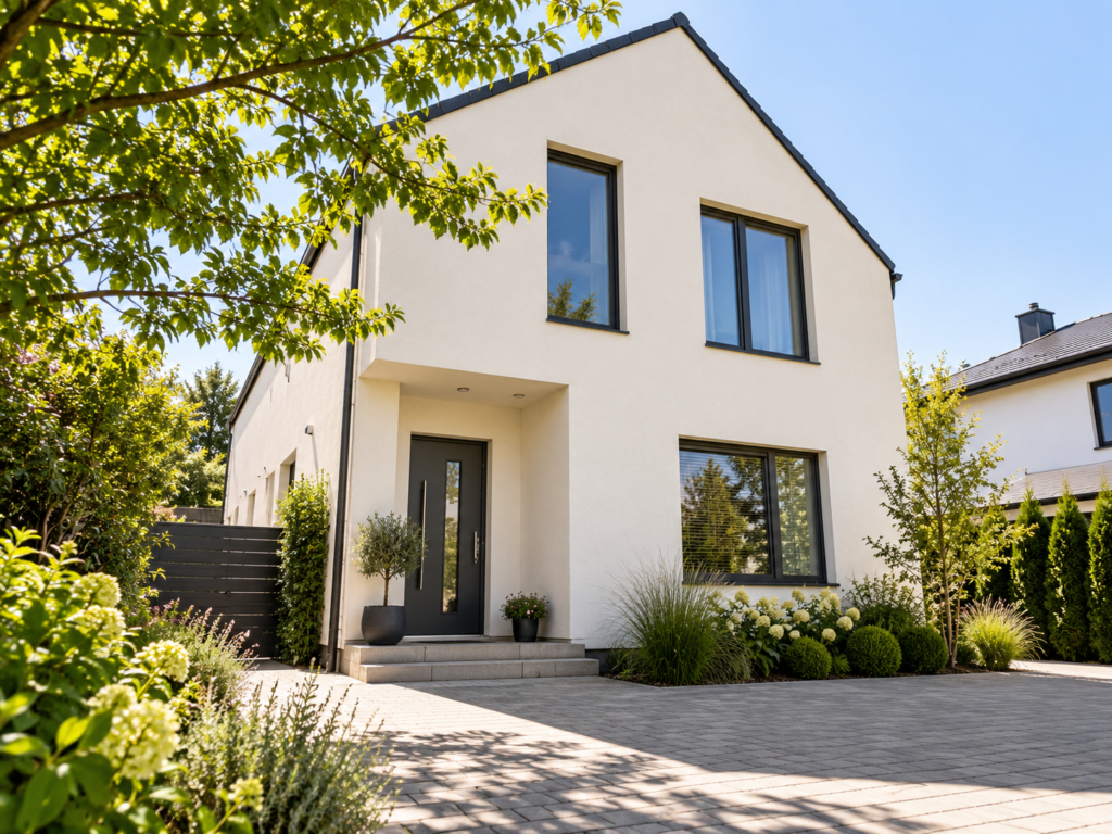 Cream exterior walls and dark window frames on a home with a planted garden